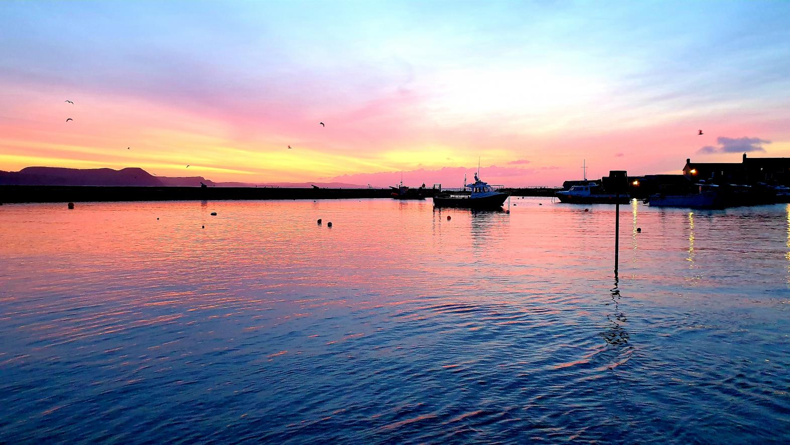 Colourful sky at sunrise, Lyme Regis Harbour